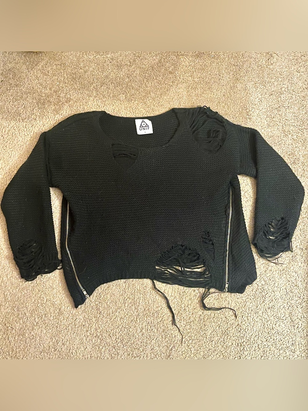 Unif Black Knit Distressed Zip Side Boatneck Sweater Small